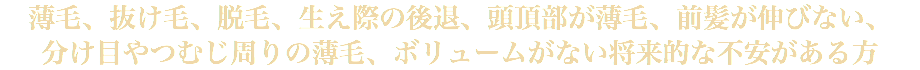 薄毛、抜け毛、脱毛、生え際の後退、頭頂部が薄毛、前髪が伸びない、 分け目やつむじ周りの薄毛、ボリュームがない将来的な不安がある方