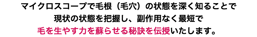 マイクロスコープで毛根（毛穴）の状態を深く知ることで 現状の状態を把握し、副作用なく最短で 毛を生やす力を蘇らせる秘訣を伝授いたします。